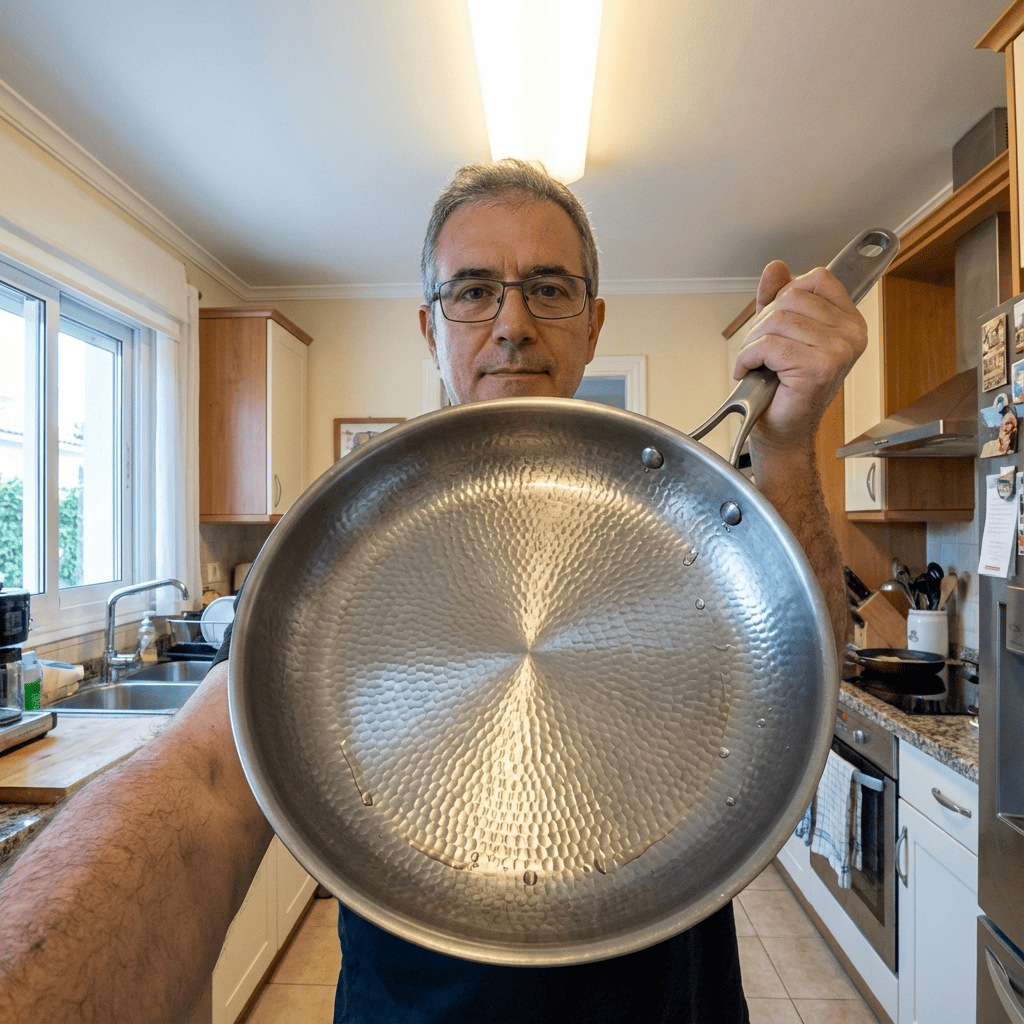 Logan stir-frying crisp vegetables in the Mireve pan