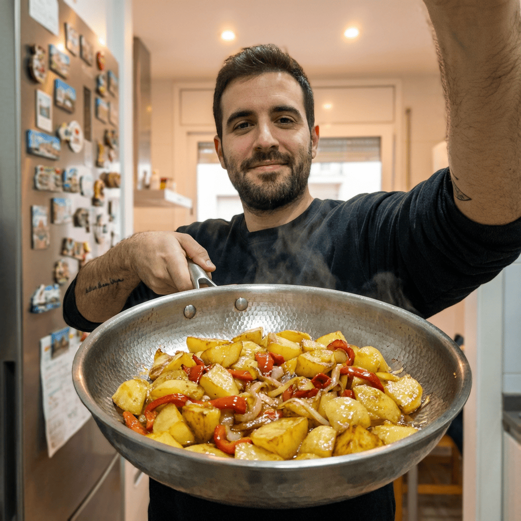 Mason cooking a veggie stew with egg in the Mireve pan